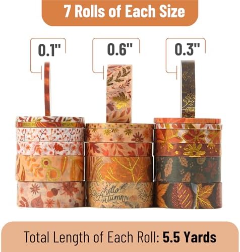 Mr. Pen- Washi Tape Set, 21 Rolls, Assorted Sizes, Autumn Leaves | 5.5 Yards/Roll, Washi Tape for Scrapbook, Arts, Crafts, Journals and Planners
