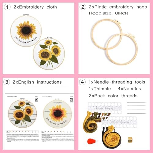 Sunflower Embroidery Kits for Beginners Adults, Floral Hand Embroidery Set Needlepoint Kits, Stamped Cross Stitch Kits for Beginners Adults, 2 Embroidery Hoops, Fabric, Thread(Attached Video Tutorial)