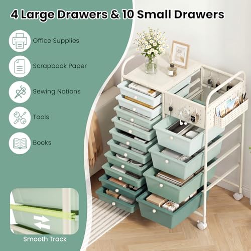 GOFLAME 14-Drawer Rolling Storage Cart with Pegboard, Craft Storage Cart with Lockable Wheels and Metal Frame, Art Cart Supply Storage Organizer for Home Office Classroom, Green Gradient