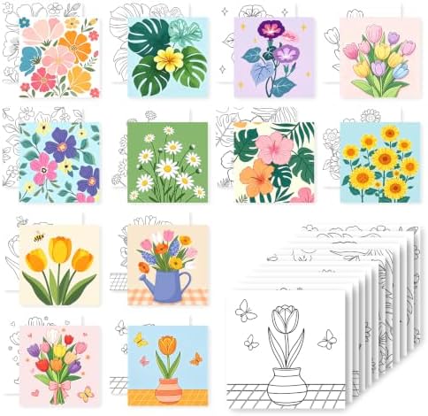 12 Packs Floral Pre Drawn Canvas to Paint, Flower Pre Printed Canvas for Painting, Pre Stretched Canvas Outline Painting Boards for Beginners, Students, Party Favors(4 * 4in)