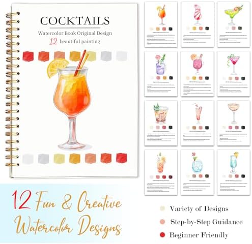 Easy Watercolor Workbook for Beginners - 12 Beautiful Step-by-Step Paintings Water Coloring Book, Includes 16 Colors Paints, Relaxing Art Projects and Creative Gift for Adults & Teen (Cocktails)