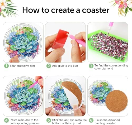 8 Pcs Green Plants Diamond Art Coasters Kit for Adults with Holder 4x4in