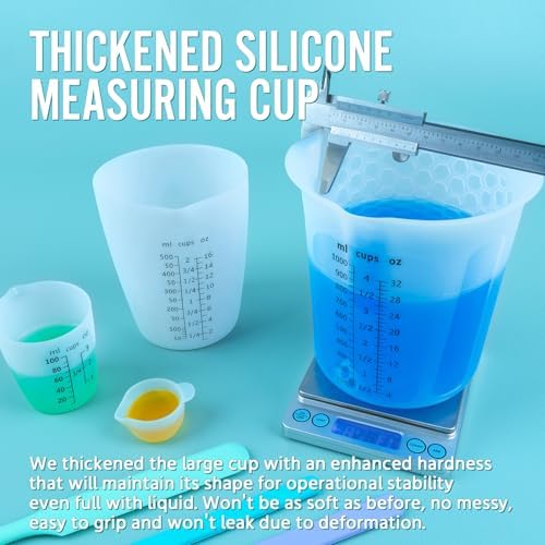Silicone Resin Mixing 1L Measuring Cup Set for Resin Supplies, Easy-to-Read Marks, 1000ml/32oz Large Cup, 500&250&100ml Thickened Reusable Silicone Cups for Epoxy Mixing, Jewelry Making