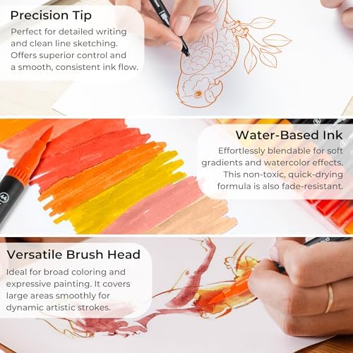 ZSCM QUALITY DECIDES THE FUTURE Orange Duo Tip Marker Pens, 12 Fine & Brush Tip Pen For Adult Coloring Books