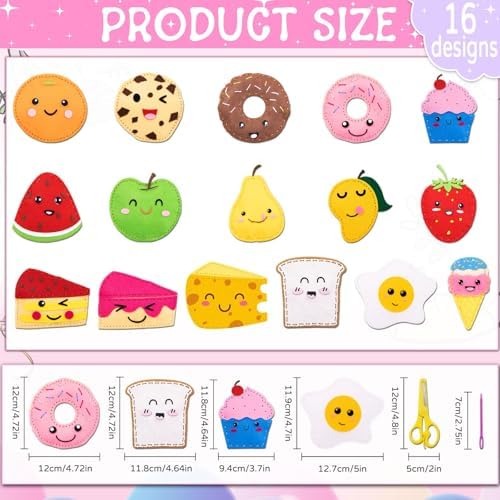 ZOIIWA 16 Sets Food Themed Sewing Kit for Kids Fun Craft for Boy Girl Age Felt Fruit Plush Craft Kit Learn to Sew Educational Beginners Sewing Stuffed Ornament for Back to School Birthday Party Gift