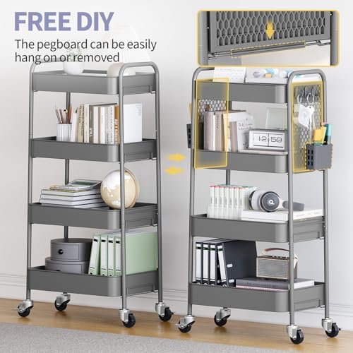TOOLF 4 Tier Rolling Cart, Metal Utility Storage Cart with Pegboard, Grey | 2 Bins & 4 Hooks, Screwless Assembly, Lockable Wheels, Trolley Organizer for Bathroom, Kitchen, Office, Dorm, Craft Room