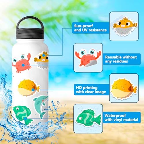 Ocean Animal Stickers for Water Bottle, 100Pcs Waterproof Vinyl Marine Ocean Creatures Beach Stickers, Summer Sticker Bulk for Kids Teens