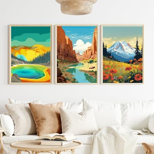 HOIYLDS 3 Pack Paint by Number for Adults Framed Canvas, National Park DIY Arts and Crafts for Adults Beginner with Wooden Easel, Paint Brushes, Acrylic Paint Set for Home Wall Decor, 9 * 12 Inch
