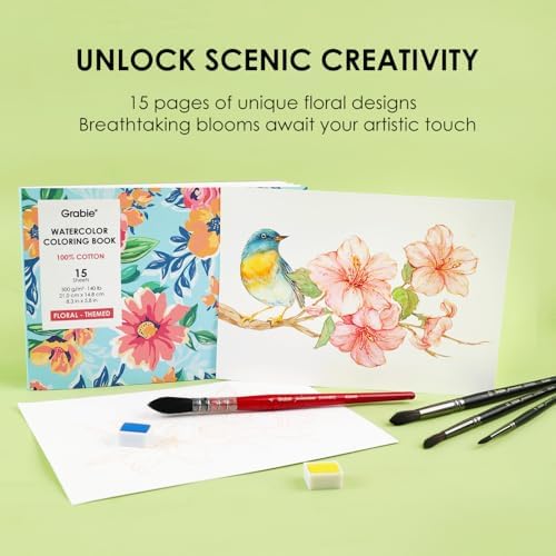 Grabie Watercolor Coloring Book, 15 A5 Cotton Sheets, Flower Themed
