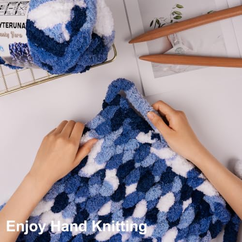 Chunky Yarn for Hand Knitting, #10 Chunky Blanket Chenille Yarn, Large Bulky Thick Jumbo Yarn, Super Chunky Knit Yarn for Crocheting, 8 Skein (8oz,20yds Each Skein), Tie Dye Multi Blue&White