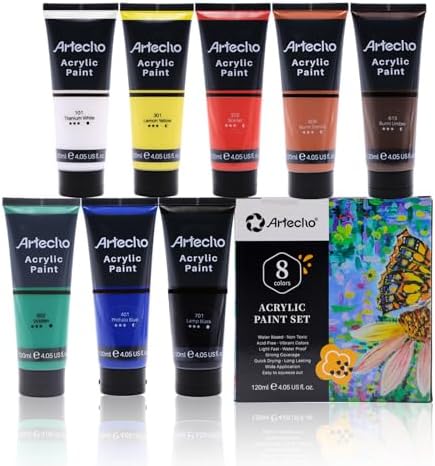 Artecho 8 Colors Acrylic Paint 120ml /4.05oz Tube | Semi Glossy Finish, High Pigment Rich Color Craft Paint for Canvas, Rocks, Wood, Fabric, Ceramic, Non-Toxic