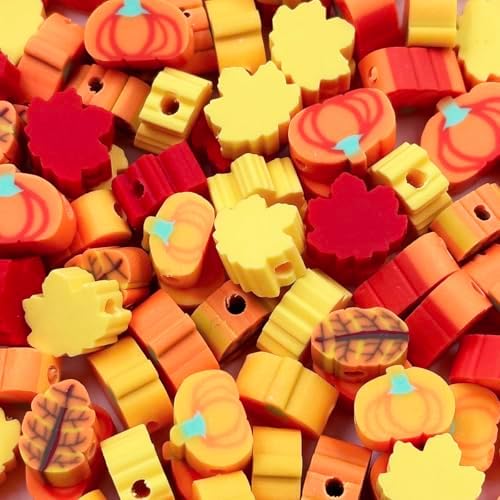 Polymer Clay Fall Pumpkin Maple Loose Spacer Beads, 10mm Thanksgiving Autumn Maple Leaves Pumpkin Beads Charms for DIY Hair Clip Necklace Bracelet Jewelry Earring Handmade Craft Making
