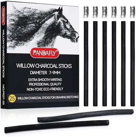 PANDAFLY 25 Pack Willow Charcoal Sticks, 7-9mm, Black Artist Vine Charcoal