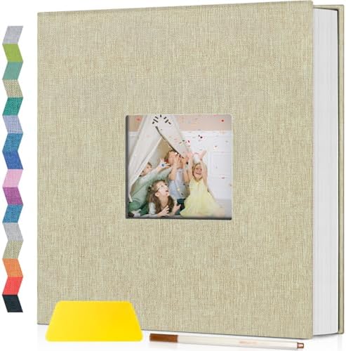 Popotop Photo Album Self Adhesive with Picture Display Window,60 Pages DIY Scrapbooking Supplies Kit for 4x6 8x10 Picture,Linen Cover Memory Book for Baby Wedding, with Scraper and Metallic Pen