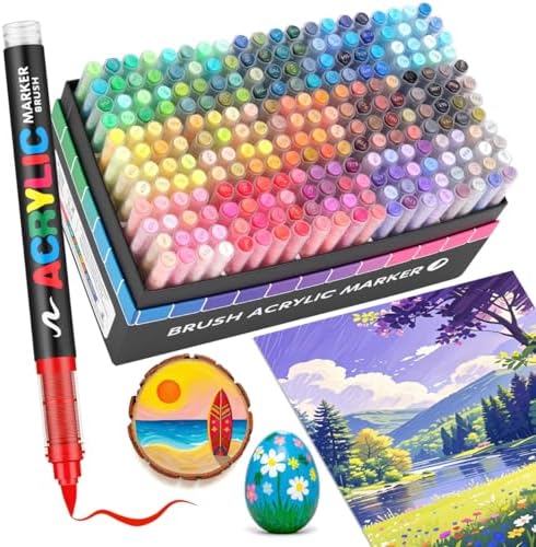 Guangna 240 Acrylic Paint Markers, Brush Tip Acrylic Paint Pens, Quick-Drying Waterproof Ink, for Rock Painting Plastic Wood Canvas Glass Ceramic Metal Art Crafts Supplies Gift