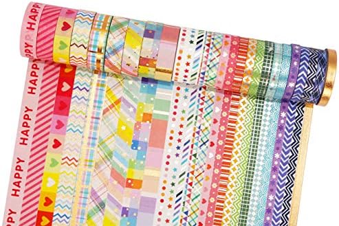 YUBBAEX Bright Mix Gold Washi Tape Set VSCO Foil Masking Tape Decorative for Arts, DIY Crafts, Journal Supplies, Planners, Scrapbook, Card/Gift Wrapping -5/10mm- (Rainbow 27 Rolls)
