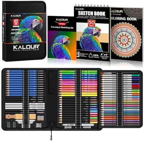 KALOUR PDAS 112 Drawing Set Sketching Kit, Pro Art Supplies with 3-Color Sketchbook & Coloring Book, Neon, Colored, Watercolor, Metallic, Graphite, Charcoal Pencils, Gift for Artists Adults Teens