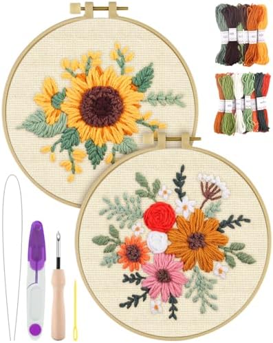 ERKOON Punch Needle Kit Adults Beginners, 2 Pcs DIY Easy Flower Embroidery Set for Starter Art Craft, Needling Punching Project with Patterns, Tools, Yarns, Hoop, Instruction (Colorful Flowers)