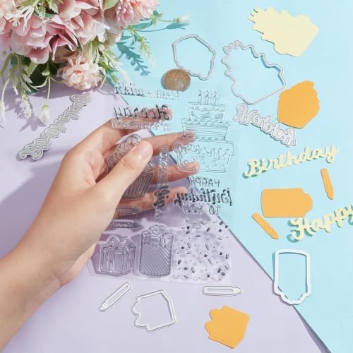 INFUNLY Happy Birthday Stamp and Die for Card Making Congratulation Die Cut Cake Silicone Stamp Metal Die Cuts Candles Banner Transparent Rubber Stamps for DIY Scrapbooking Paper Photo Album Decor
