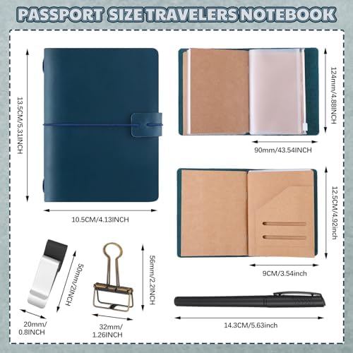 Thenshop Leather Travel Notebook 3 Inserts,Blue,Passport Size