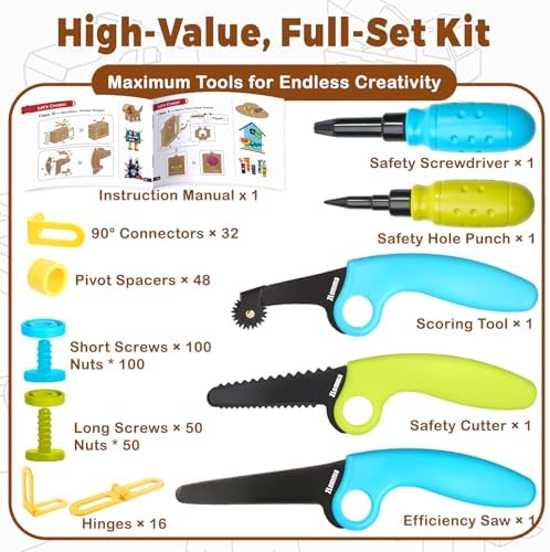Cardboard Construction Kit - 401 PCS Kids Building Set with Safe Serrated Cutter, Crease Roller, Screws & Nuts, STEM Upcycled Tool for DIY Cardboard Projects, Engineering & Creativity