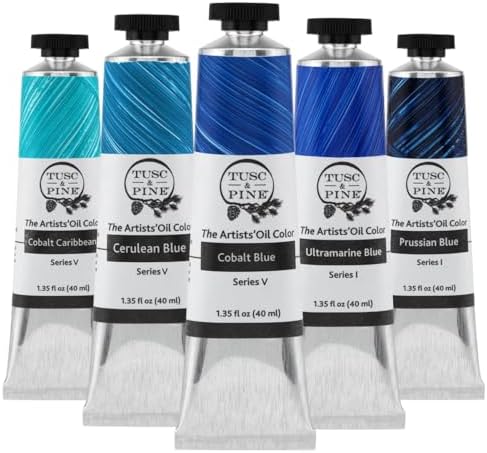 Tusc & Pine Artist Oil Paint - 40 ml Set of 5 - Ocean Blues - Non-Yellowing, Rich & Creamy Consistency, Maximum Pigment Load, Small Batch Milled Oil Paints Developed for Professional Artists