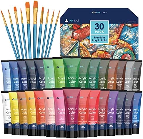 Acrylic Paint Set 30 Colors Craft Paints in Tubes with 10 Art Brushes Rich Pigment for Artists Beginners Painting on Canvas Wood Fabric Crafts, 36ml/Tube