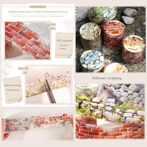 6 Rolls PET Washi Tape Stickers for Junk Journal Supplies,Self-Adhesive PET Washi Tape for Scrapbooking,Journaling Supplies,Painting,DIY Craft(Stone Wall)