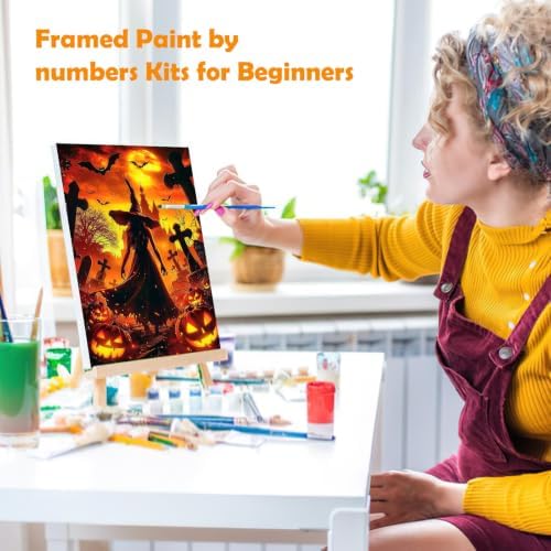 MOGTAA Halloween Paint by Numbers Kit for Adults Beginners with Frame, Witch Adult Paint by Number Kits on Canvas with Easel, Easy DIY Pumpkin Oil Painting Kits for Home Decor, 8x12in