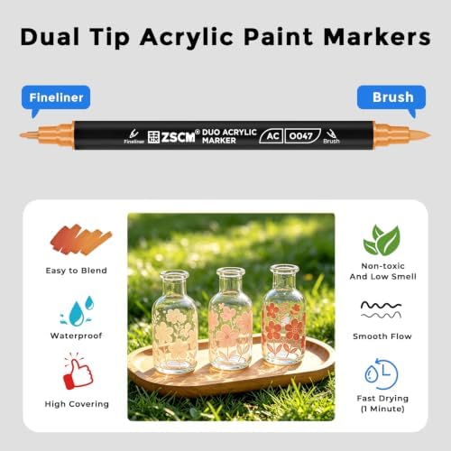 ZSCM 12 Orange Acrylic Paint Markers, Dual Fine & Brush Tip Acrylic Pens
