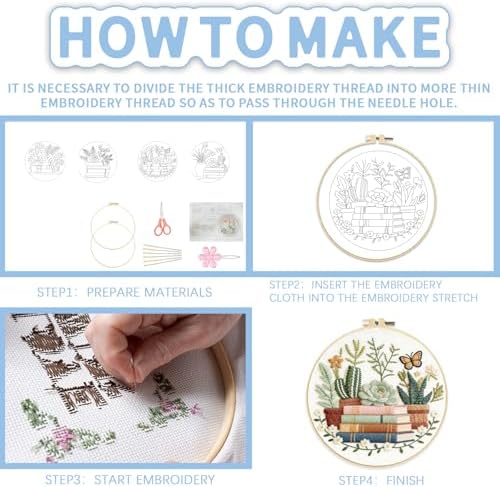 FREEBLOSS 4 Sets Embroidery Kit for Beginners Needlepoint Embroidery Starter Kit with Plants and Books Stamped Patterns, Instructions, Colored Threads, 2 Hoops 20cm/7.9inch