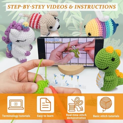 Crochet Kit for Beginners – 6 PCS Crochet Animal Kit, Knitting Beginners Kids Kit with Step by Step Videos, Yarn, Crochet Hook, Great Birthday Holiday Gift (Knitting Kit 2)