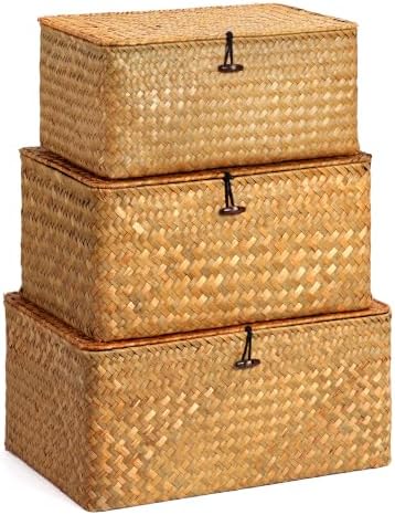 Nonam Large Wicker Basket with Lid,Seagrass Shelf Basket Set of 3,Nautral