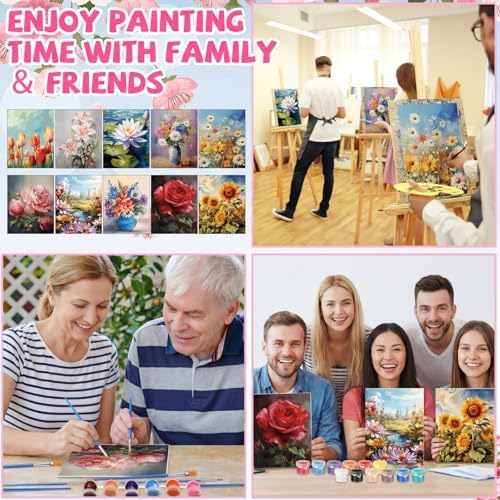 Blosssound 10 Set Pre Printed Canvas Pre Drawn Canvas Painting with Easel Kits 5" x 7" Outline Painting Panels for Beginners, DIY Craft Project, Party Favor, Home Decors(Flower)