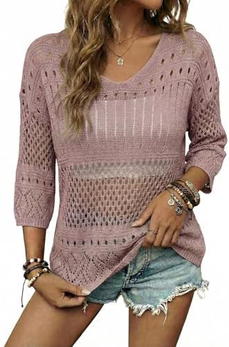 EVALESS Crochet Tops for Women Hollow Out Knit Sweaters