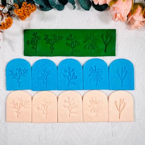 Xaekicr Polymer Clay Molds – 5PCS Botanical Texture Stamps with Flower & Leaf Patterns, Clay Cutters and Tools for Polymer Clay Jewelry and DIY Earring Crafts