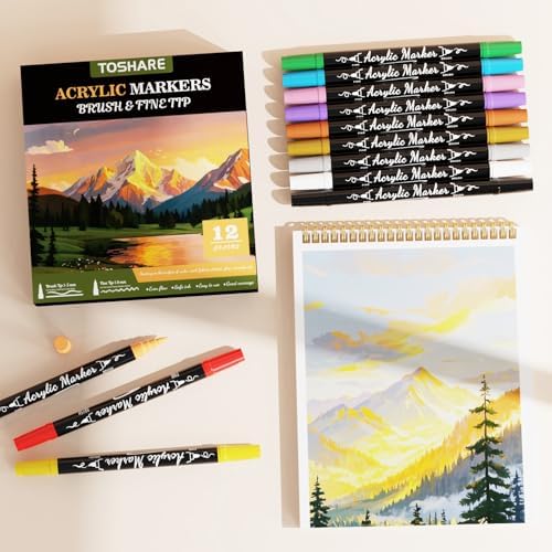 12 Colors Precision Dual Tip Acrylic Paint Markers Pens - Brush & Fine | Performs on Rock, Wood, Paper, Fabric, Egg, Scrapbook, Glass, Ceramic, Canvas, DIY Crafts Art Gift - School Supplies