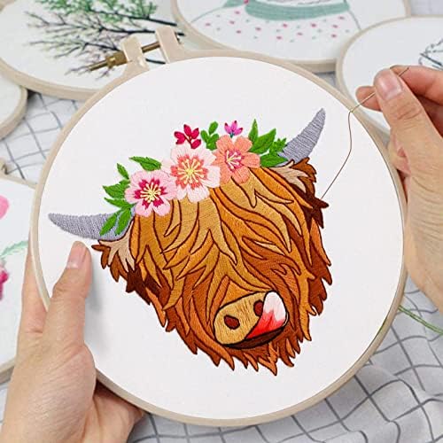 Louise Maelys Highland Cow Stamped Embroidery Kit Floral DIY Craft