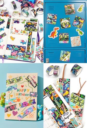 NANYNNU Dinosaur Washi Tape Set, 13 Rolls Silver Foil Cute Washi Tapes, Kawaii Floral Decorative Masking Tape for Journaling Supplies, Scrapbooking, Bullet Journal, Planner Decoration, DIY Crafts