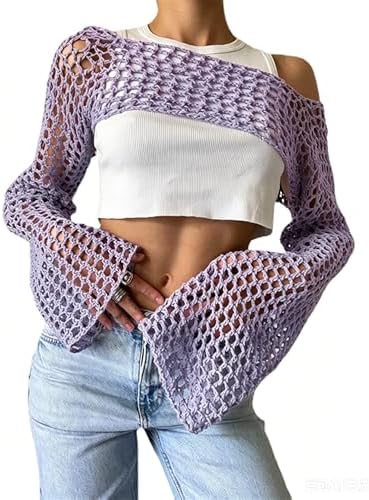 KEOMUD Women Crochet Tops Y2K Hollow Knit Bolero Shrug