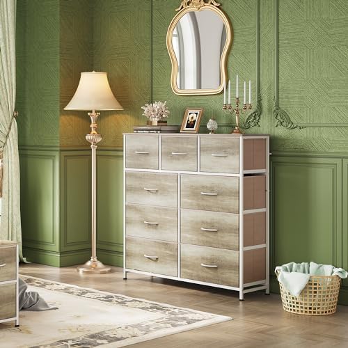 WLIVE Tall Dresser for Bedroom, 9 Drawer Chest of Drawers, Greige | 9 roomy fabric drawers, Tall storage design, Bedroom or closet use, Sturdy steel frame, Smooth wood tabletop
