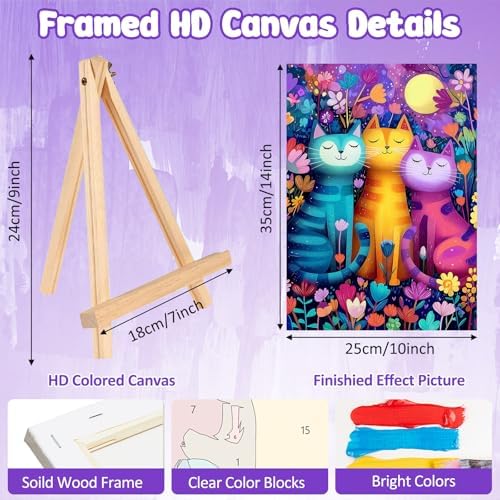 MAXBYE Framed Paint by Numbers Kits for Adults, Colorful Cat Paint by Numbers Kit for Adults with Wooden Easel, Easy DIY Oil Painitings Kits with Tools for Beginners Gift Home Wall Decor 10×14 Inch