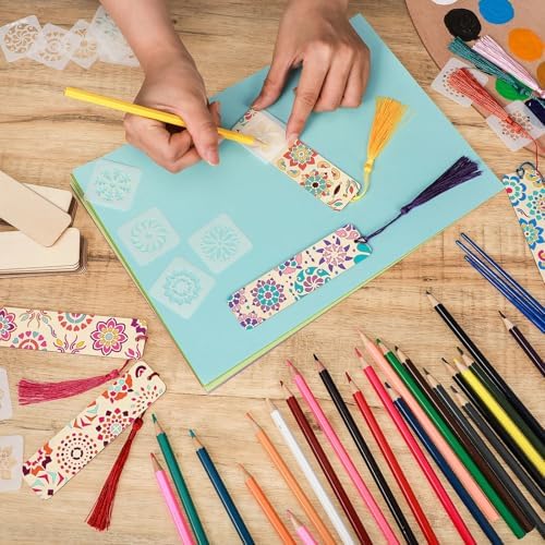 TaoBary 92 Pcs 4.8 x 1.3 Inch Flower Wood Bookmark Making Kit Includes 36 Unfinished Blank Bookmarks 36 Tassels 20 Templates, Back to School DIY Painting Craft for Home Class Holiday Teachers Gift