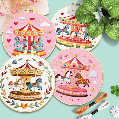 ERKOON 4 Set Embroidery Kit for Beginners, Cross Stitch Set Include Embroidery Cloth Hoops Threads for Craft Lover Hand Stitch with Embroidery Skill Techniques (Carousel)