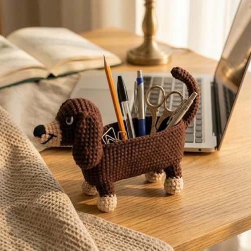LOOPPET Crochet Dachshund Kit for Beginners, Wiener Dog Gifts for Women, DIY Dog Crochet Kit with No-Fray Yarn & Step-by-Step Video Tutorials, Cute Pen Holder Desk Decor