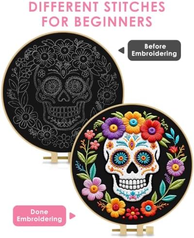 TINDTOP Embroidery Kit for Adult Beginners, Embroidery DIY Starter Kit, with Stamped Patterns, Hoop, Tools, Colorful Threads with Needles, Instructions (Skeleton B)