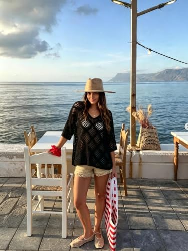 Womens Crochet Top Summer 3/4 Sleeve Cover Up V Neck Boho Tops