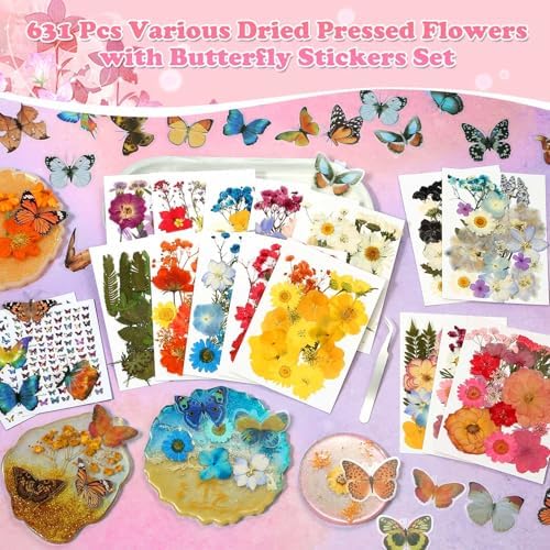 630 Pcs Real Dried Pressed Flowers & Butterfly Stickers for Resin Crafts