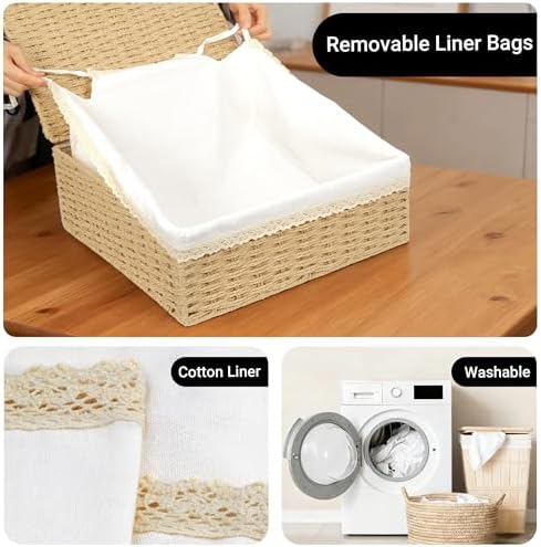 Nonam Rattan Divided Storage Basket with Lid, Set of 3, Natural