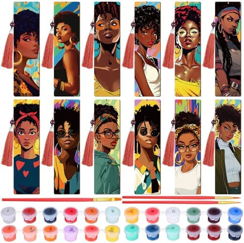 Kosiz 12 Pcs Black Women Paint by Number Kit for Adult Wood Bookmark | Mini Paint by Numbers Kit, Painting Decor, Tiny Tassels Blank Bookmarks, for Small DIY Craft Book Lovers Gift 7x2 ''